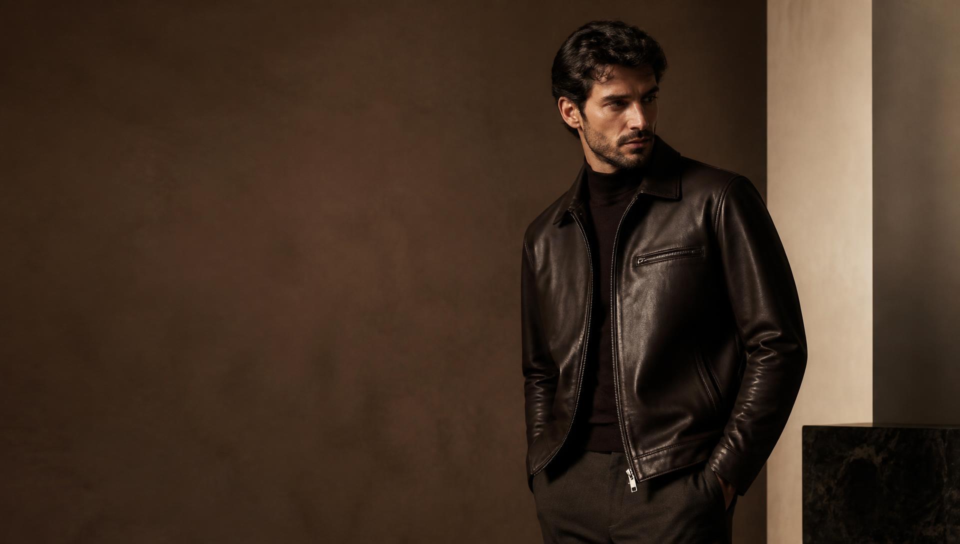 Leather jacket, bag and wallet arranged in warm editorial light